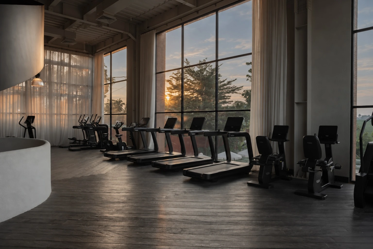Treadmills and exercise bikes beside tall windows in the sunlit cardio room.