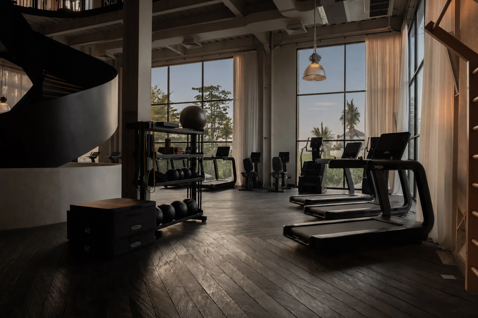 Treadmills and training equipment beside sunlit windows and the spiral staircase.