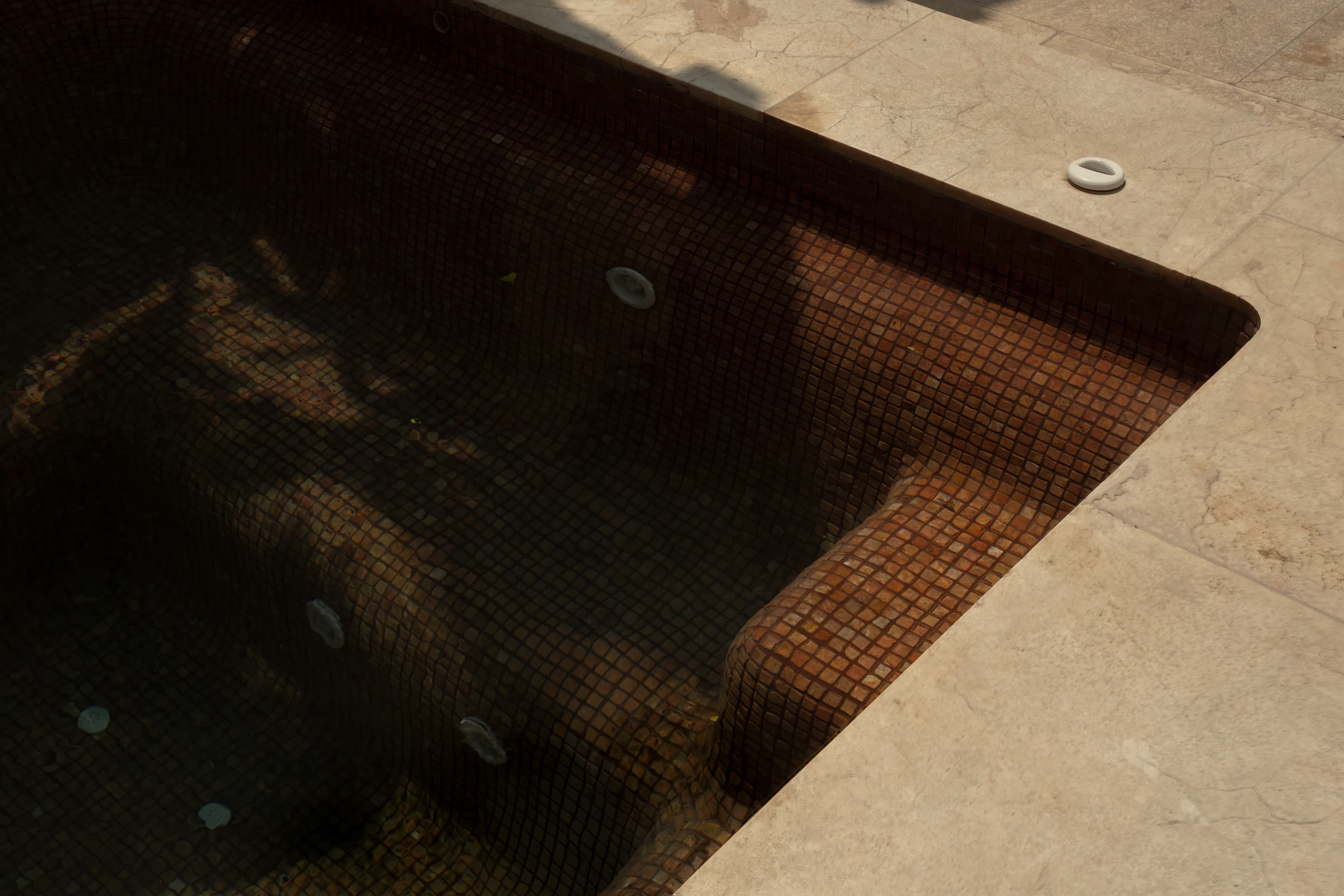 Sunlight across the terracotta mosaic tiles, underwater benches and jets of the hot tub.