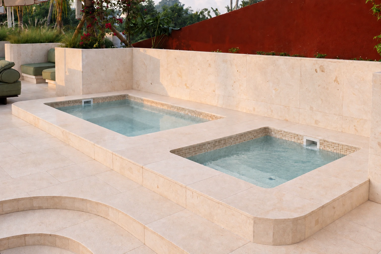 Two cream stone ice baths in the outdoor recovery area.